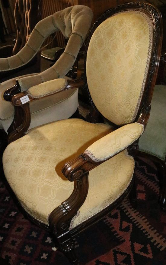 Early Victorian carved rosewood open armchair(-)